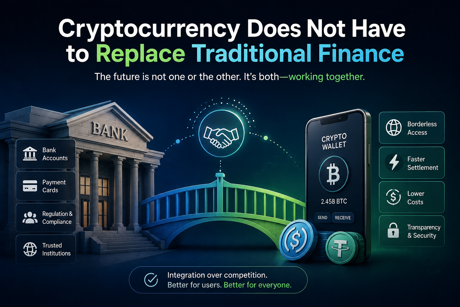Cryptocurrency and traditional finance connected through banks, payment networks, and blockchain infrastructure