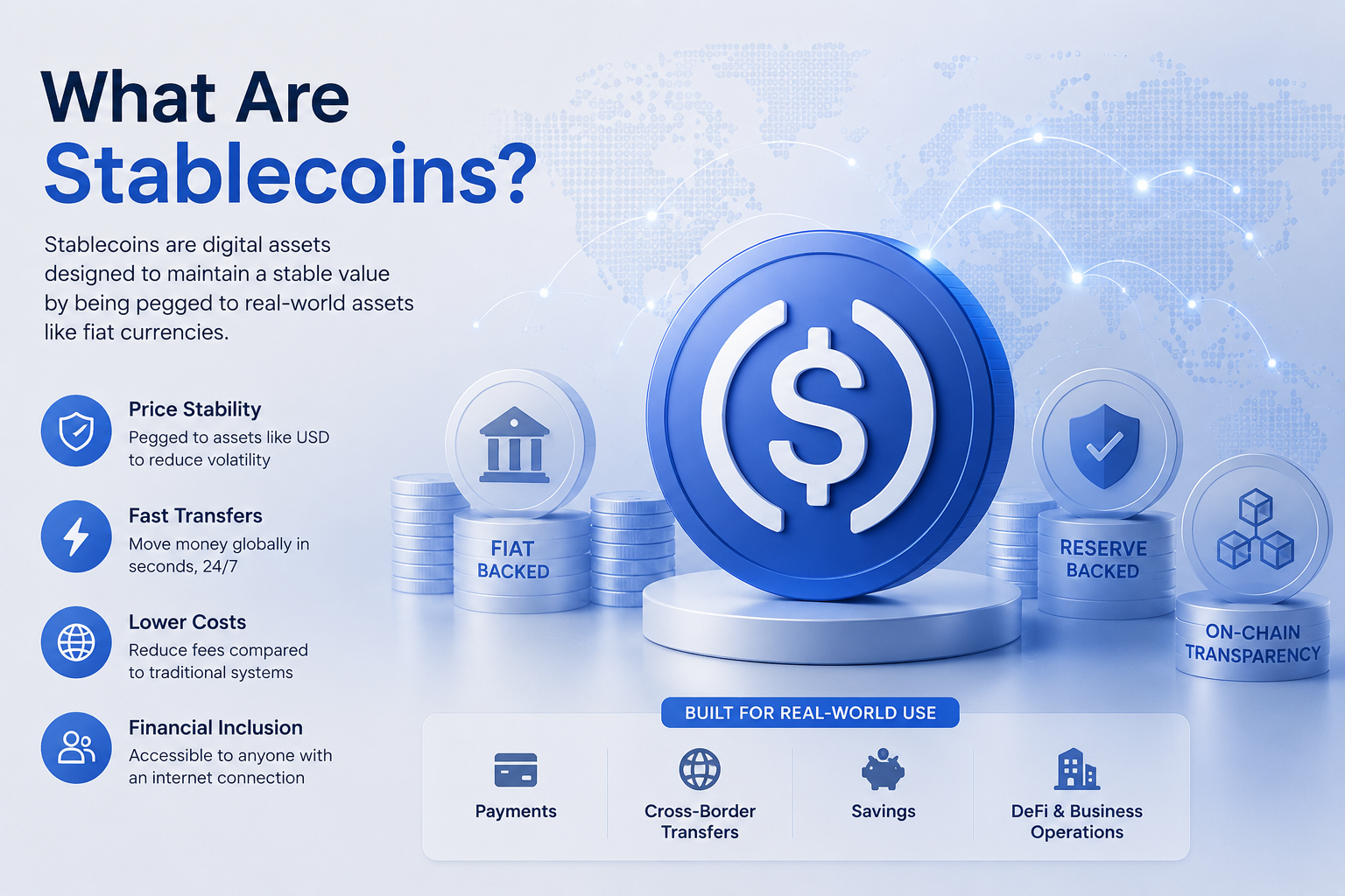 Stablecoin infographic showing price stability, fast transfers, lower costs, financial inclusion, and real-world payment uses