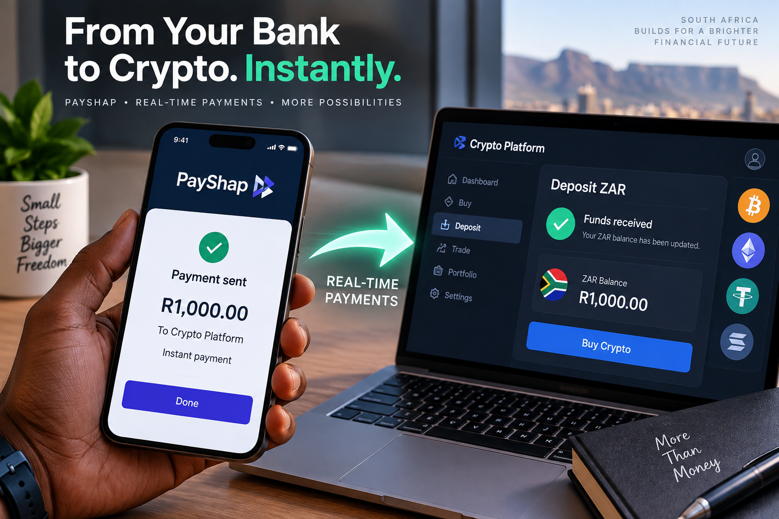 PayShap payment sent from a mobile banking app to a crypto platform, showing South African rand being funded for a crypto purchase