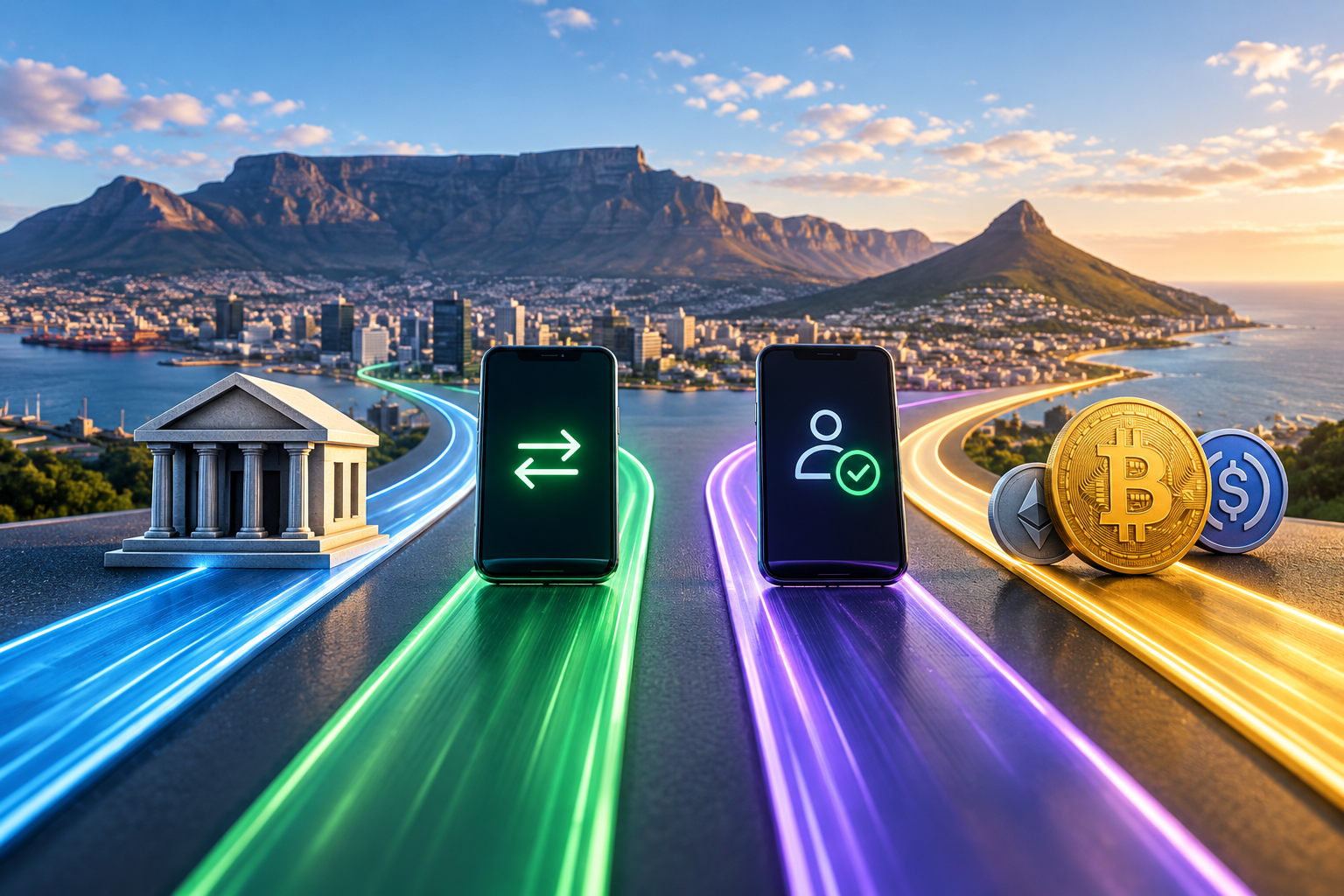 Illustration comparing ways to move money in South Africa, showing traditional bank transfers, instant digital payments and cryptocurrency transfers connected through rand and blockchain payment routes.