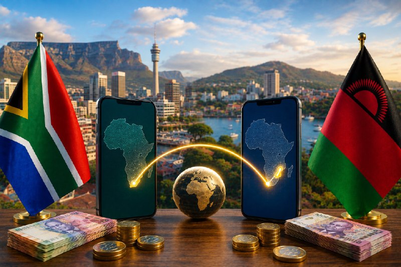 South Africa to Malawi money transfer featured image showing South African and Malawian flags, smartphones connected by a glowing digital transfer route, Malawi cityscape, local currency and cross-border mobile-payment concept.
