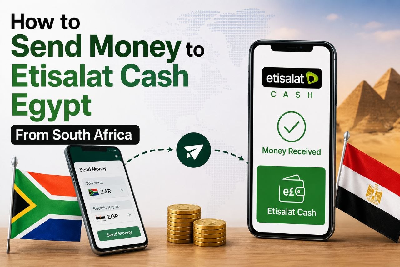 Illustration showing how to send money from South Africa to Etisalat Cash in Egypt, with smartphones, South African and Egyptian flags, ZAR-to-EGP transfer details, a money transfer icon, coins, and the Egyptian pyramids.