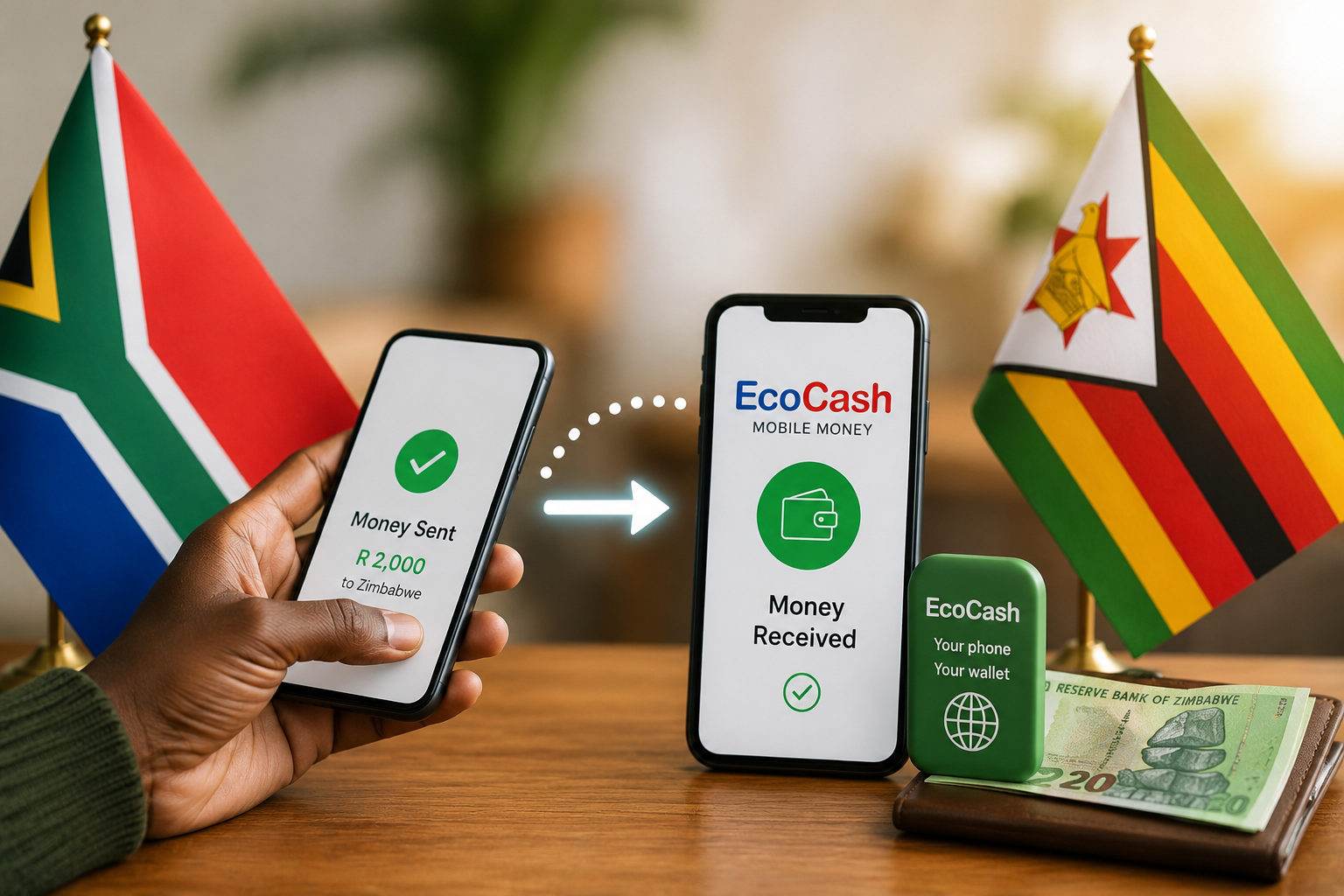 South African and Zimbabwean flags with a smartphone displaying a mobile wallet, symbolizing fast cross-border money transfers from South Africa to EcoCash in Zimbabwe.
