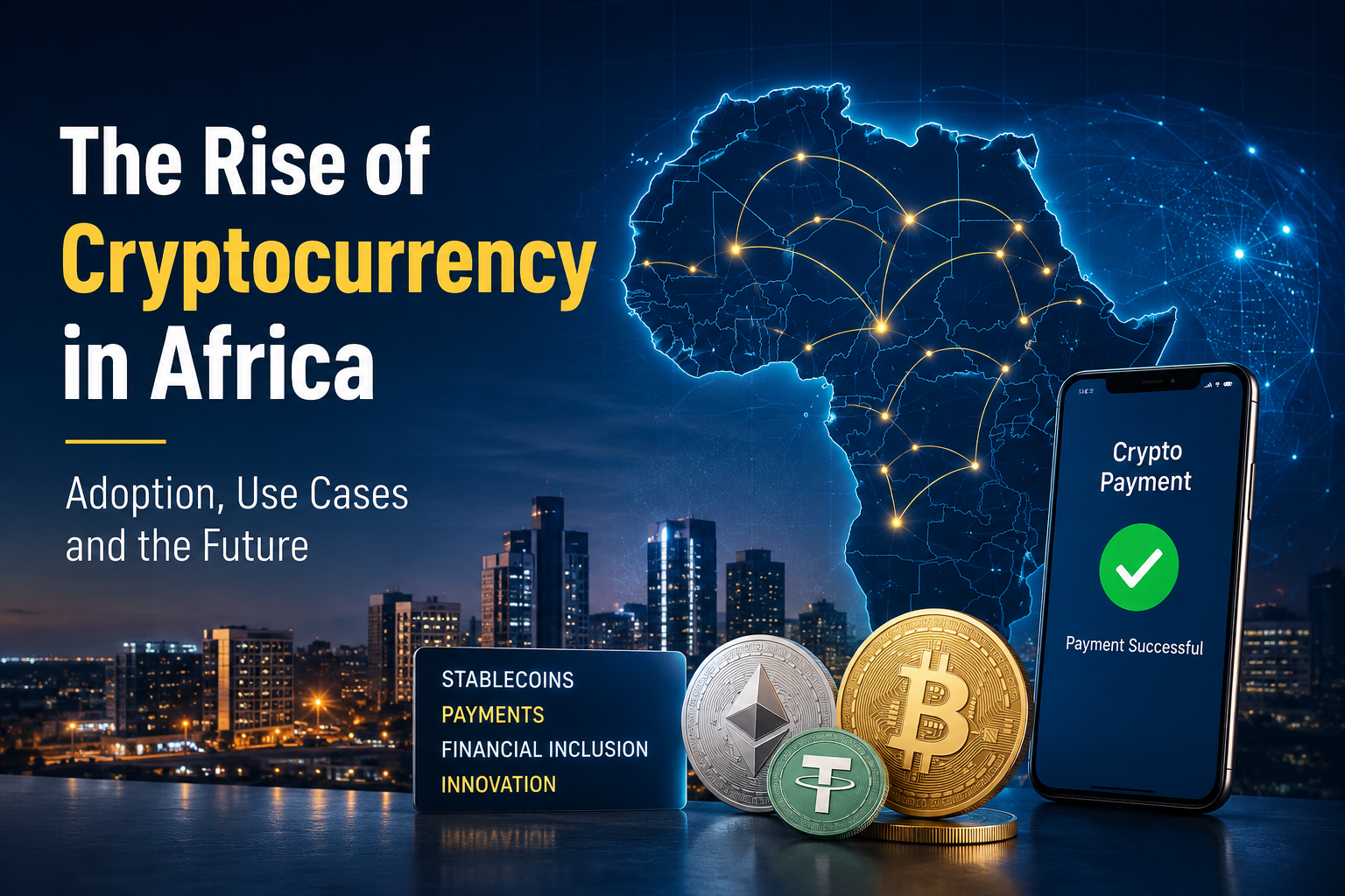 Cryptocurrency adoption in Africa showing Bitcoin, stablecoins, digital payments, and blockchain connections across the continent