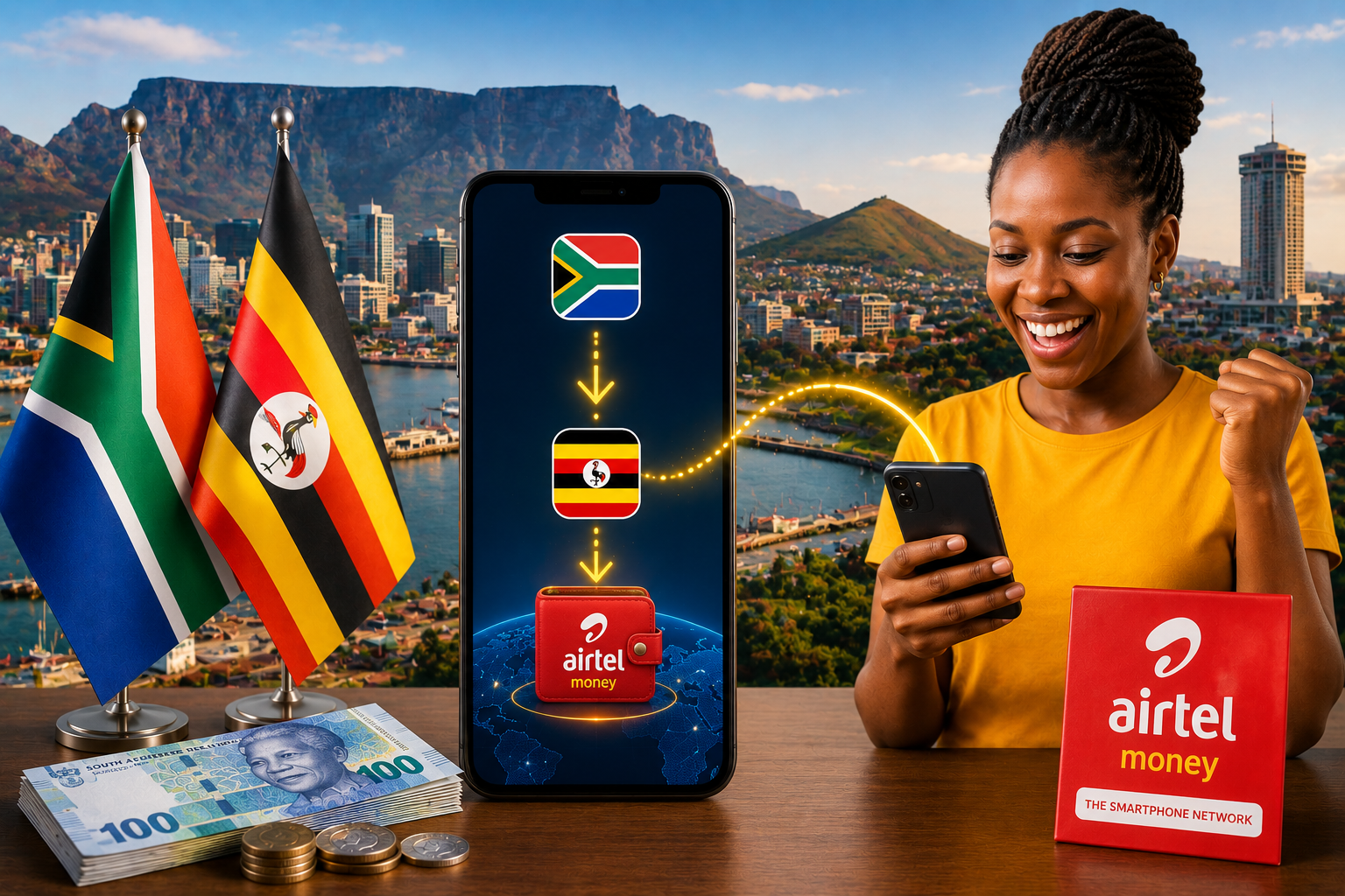 South Africa to Airtel Money Uganda featured image showing the South African and Ugandan flags, smartphone money transfer, Airtel Money wallet, Ugandan city skyline and cross-border payment concept.