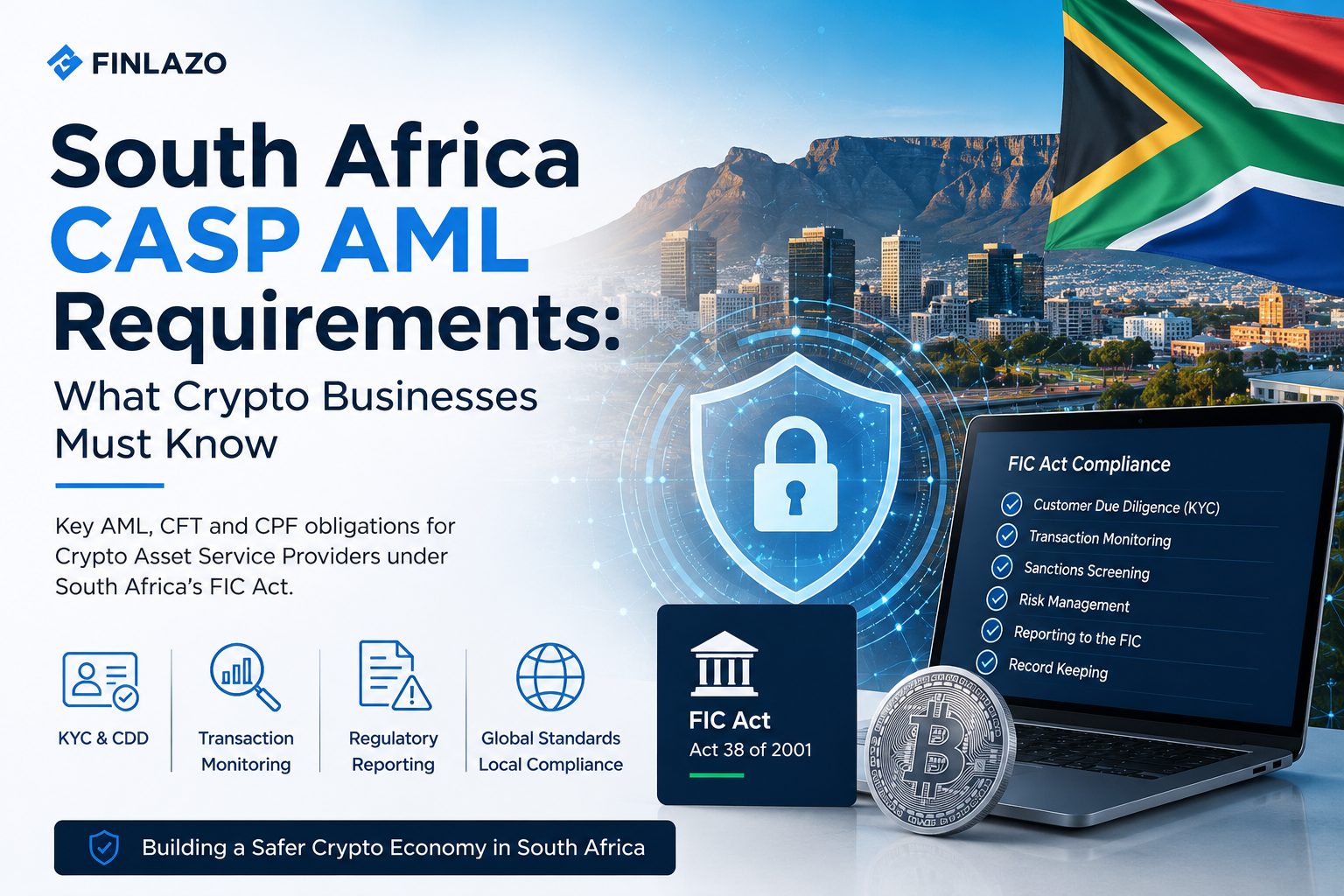 South Africa CASP AML requirements under the FIC Act, showing KYC, transaction monitoring, sanctions screening and crypto compliance