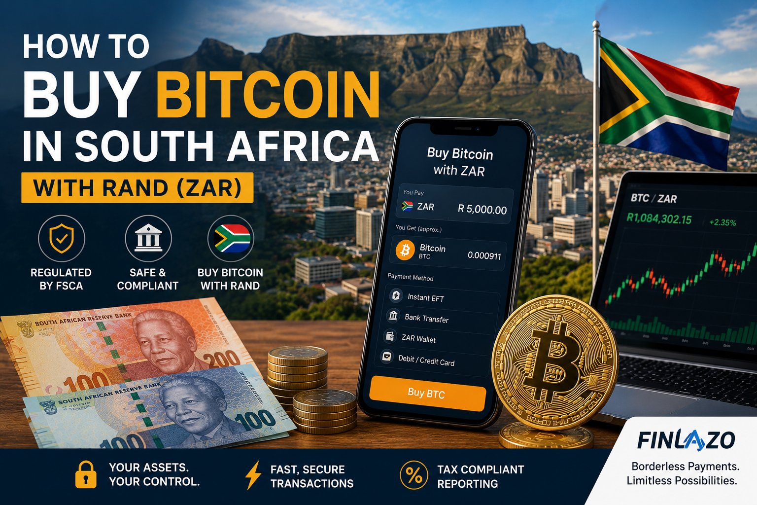 Featured image showing how to buy Bitcoin in South Africa with rand, featuring a South African flag, ZAR banknotes, Bitcoin, a smartphone crypto-buying interface and a Cape Town skyline.
