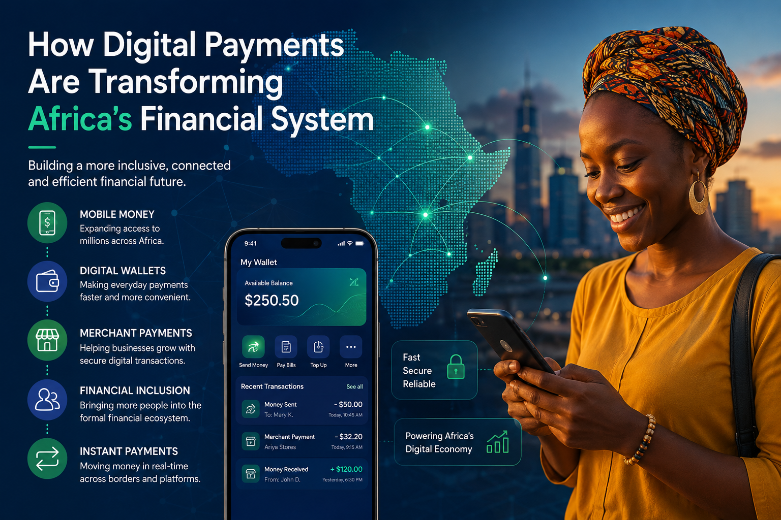 African woman using a smartphone digital wallet as mobile money and digital payment networks connect across Africa