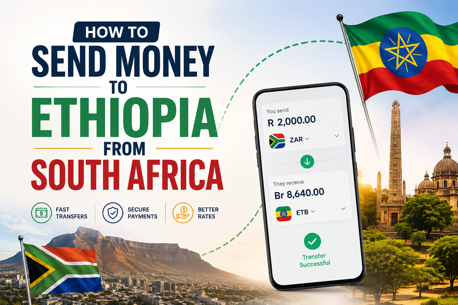 Infographic showing how to send money from South Africa to Ethiopia, featuring South African and Ethiopian flags, a mobile money transfer screen, and icons for fast transfers, secure payments, and better exchange rates.