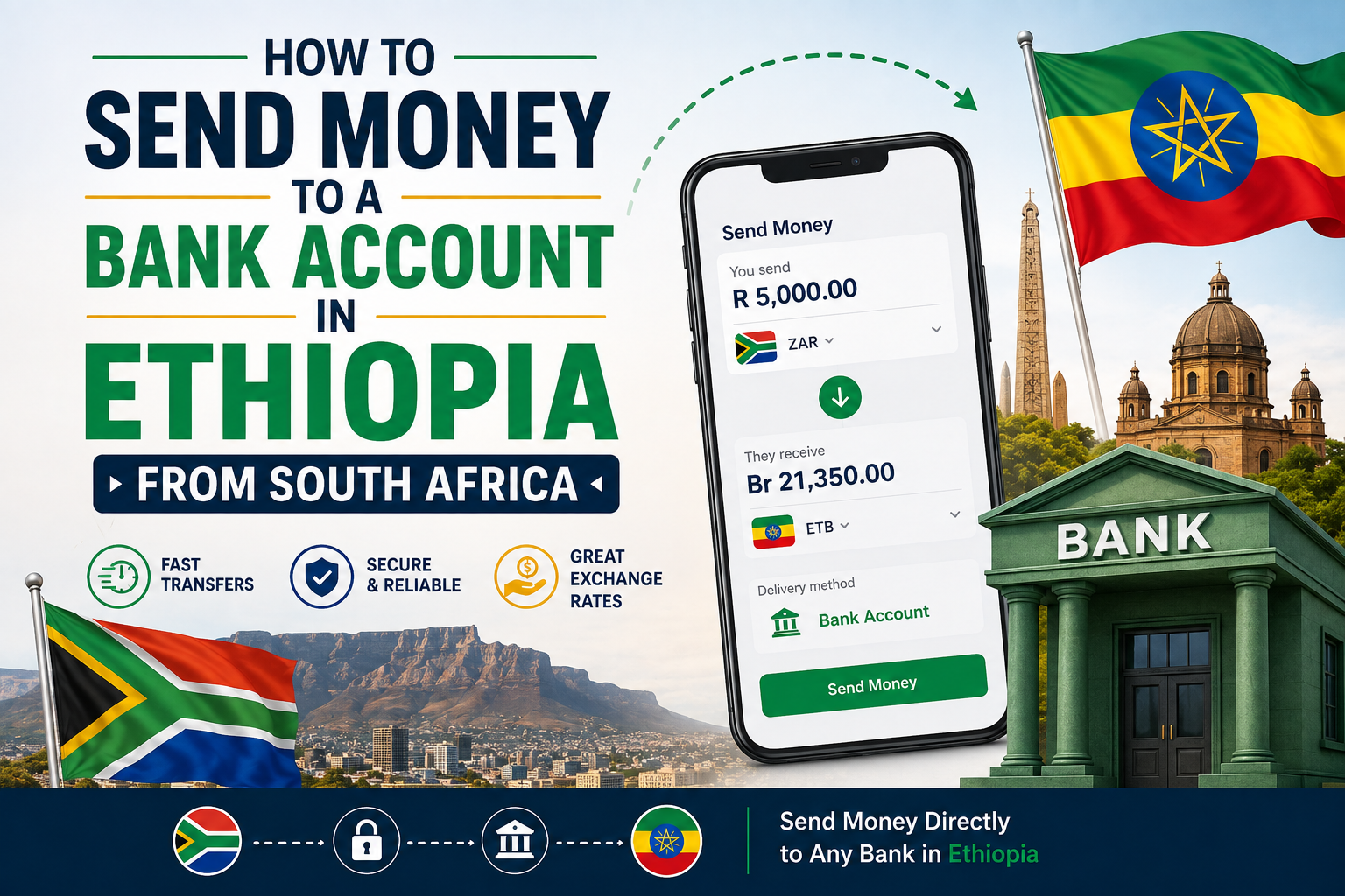 Infographic showing how to send money from South Africa to a bank account in Ethiopia, featuring South African and Ethiopian flags, a mobile transfer screen with ZAR-to-ETB conversion, a bank icon, and highlights for fast transfers, secure payments, and great exchange rates.