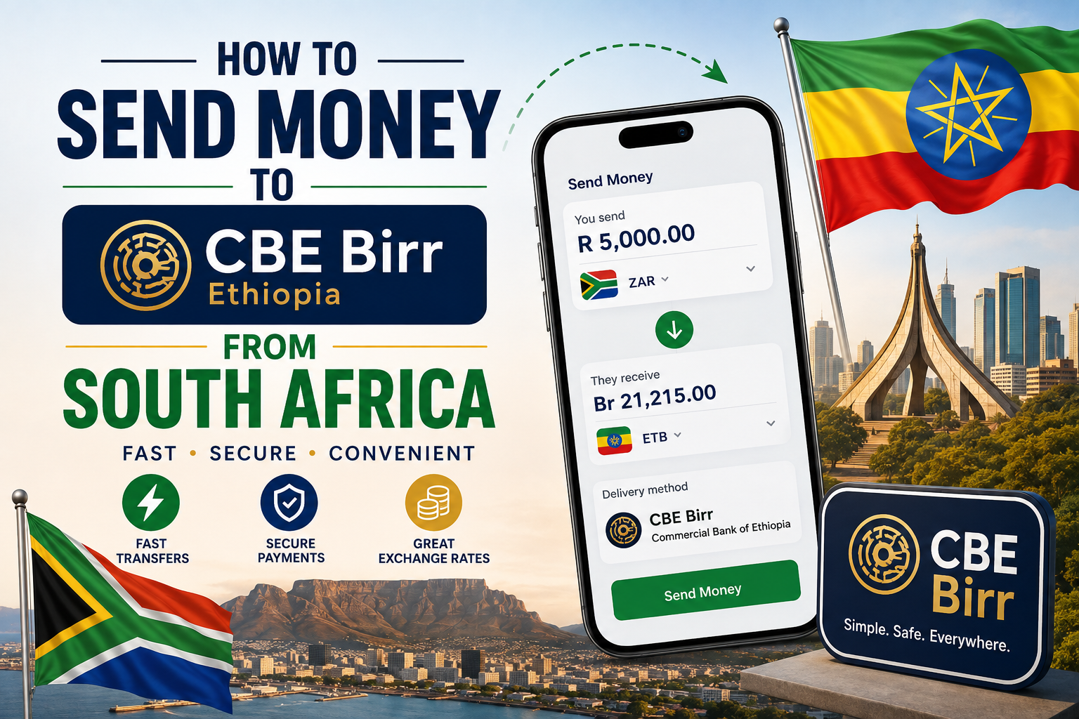 Infographic showing how to send money from South Africa to CBE Birr in Ethiopia, featuring South African and Ethiopian flags, a smartphone displaying a ZAR-to-ETB transfer to CBE Birr, CBE Birr branding, and icons for fast transfers, secure payments, and great exchange rates.