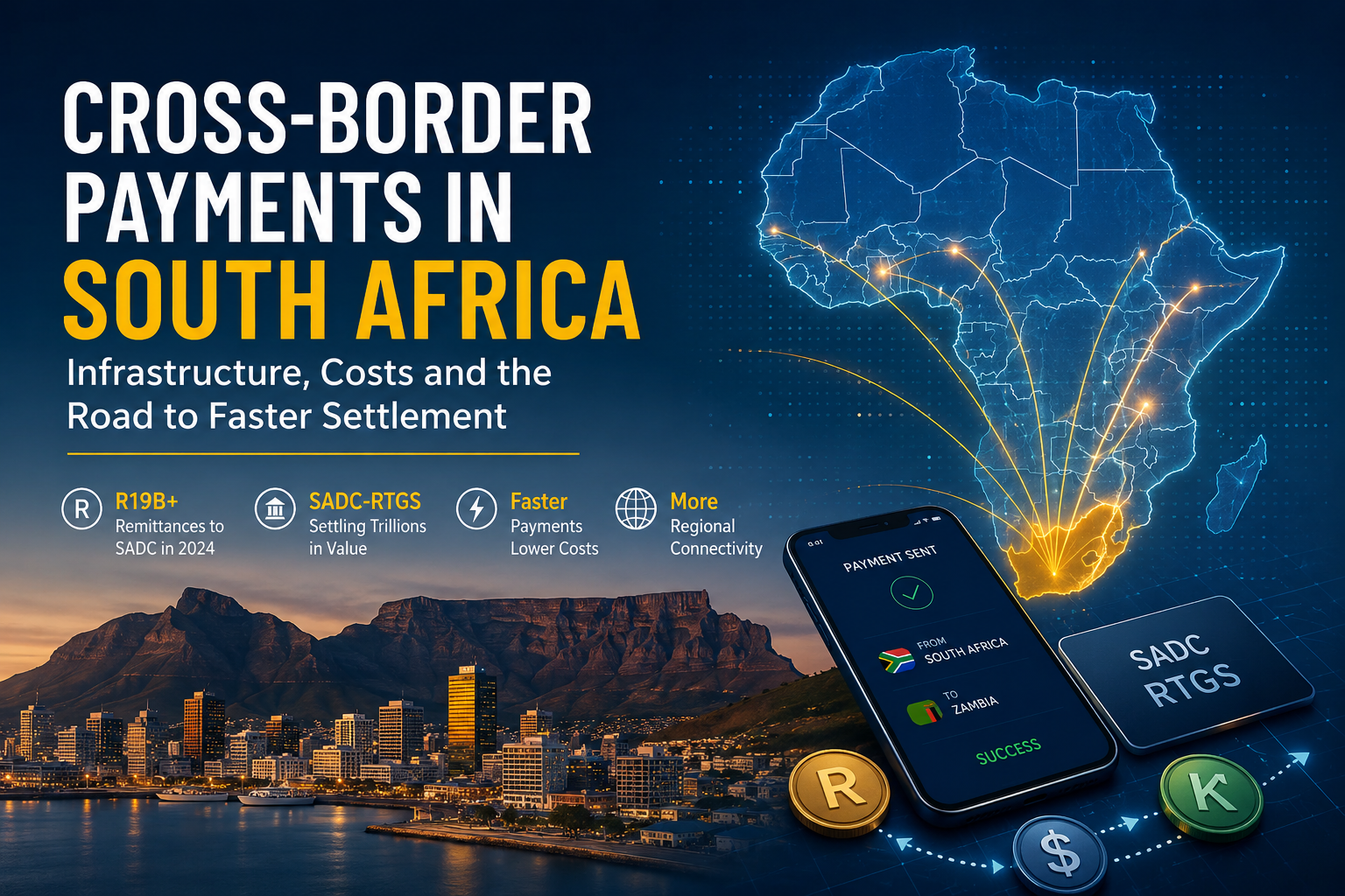 South Africa cross-border payments infrastructure with a map of Africa, SADC payment connections, Cape Town skyline, smartphone payment, and regional settlement network.