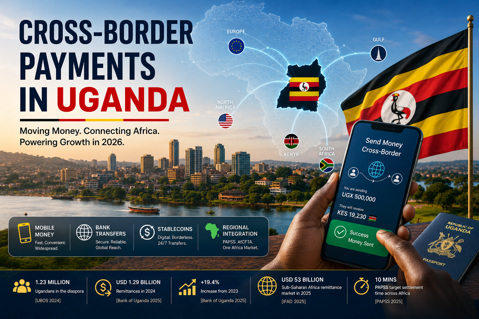 Cross-border payments in Uganda illustration showing mobile money, bank transfers, digital payment networks, regional money transfers and connections between Uganda and international markets.