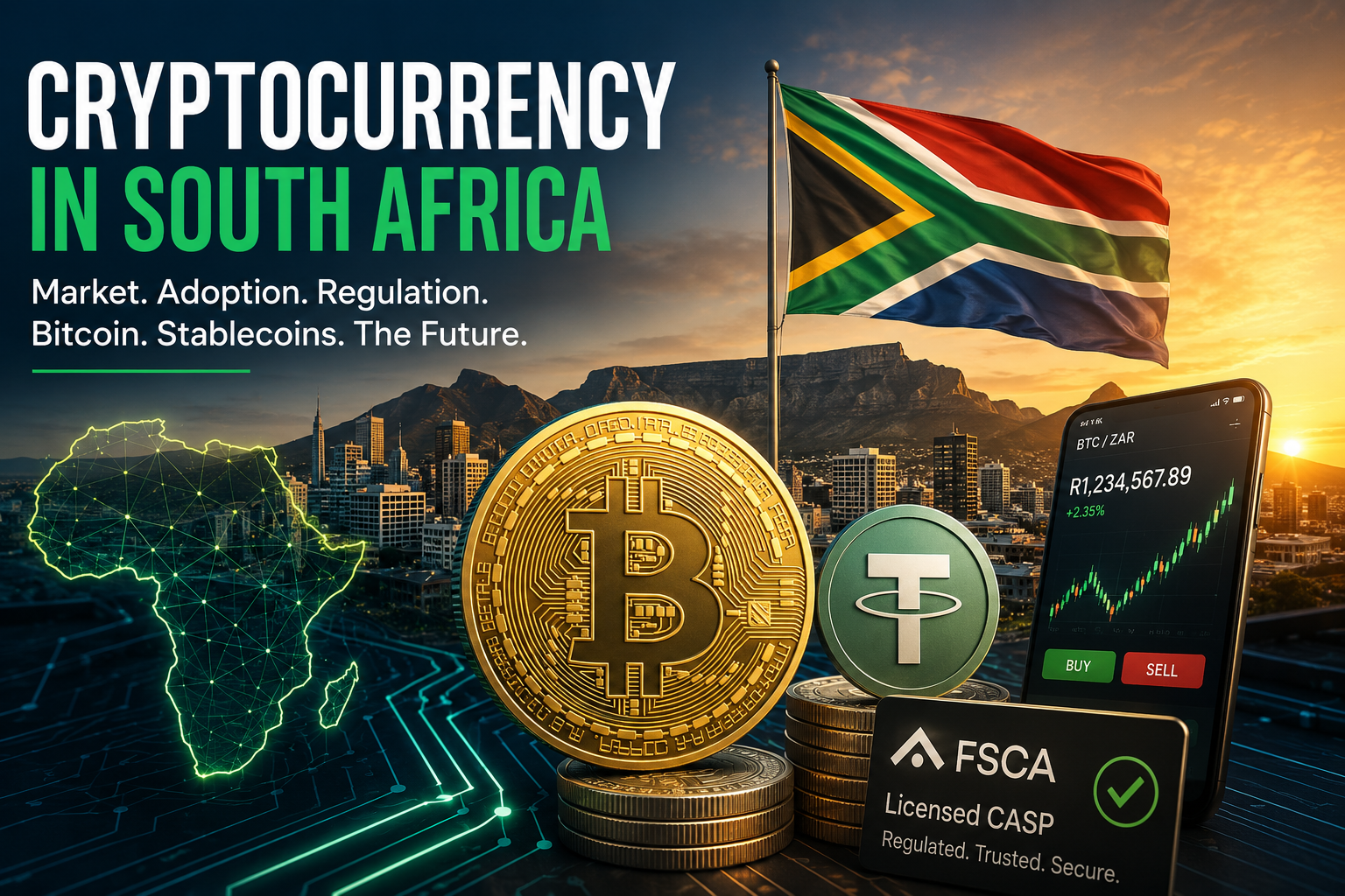 South Africa cryptocurrency market with Bitcoin, Tether stablecoin, a South African flag, Cape Town skyline, blockchain network map, and crypto trading interface.