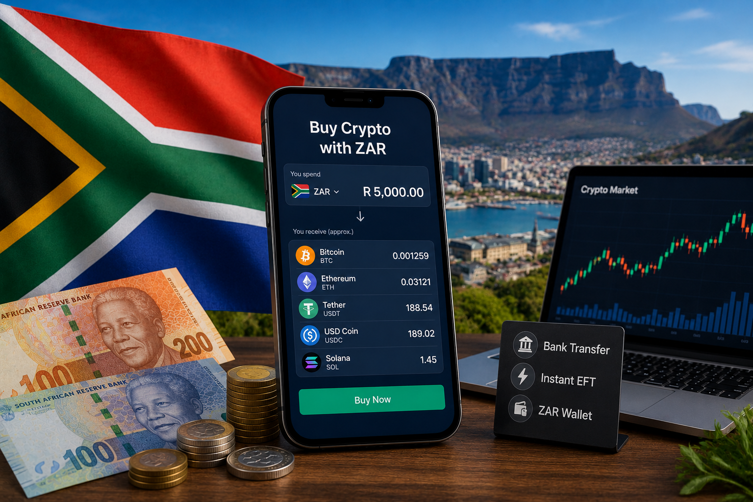 Featured image showing how to buy cryptocurrency in South Africa with South African rand, with a smartphone displaying crypto assets, ZAR banknotes, a crypto market chart and Table Mountain in the background.