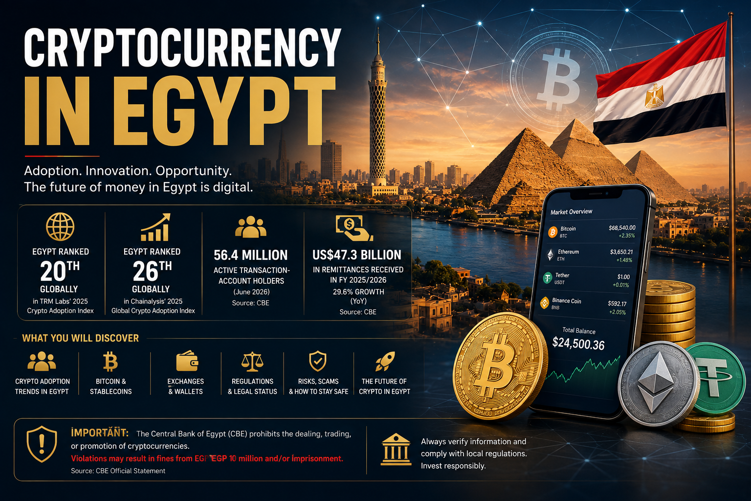 Egypt cryptocurrency illustration showing the pyramids, Cairo skyline, Bitcoin, stablecoins, blockchain networks and digital financial technology