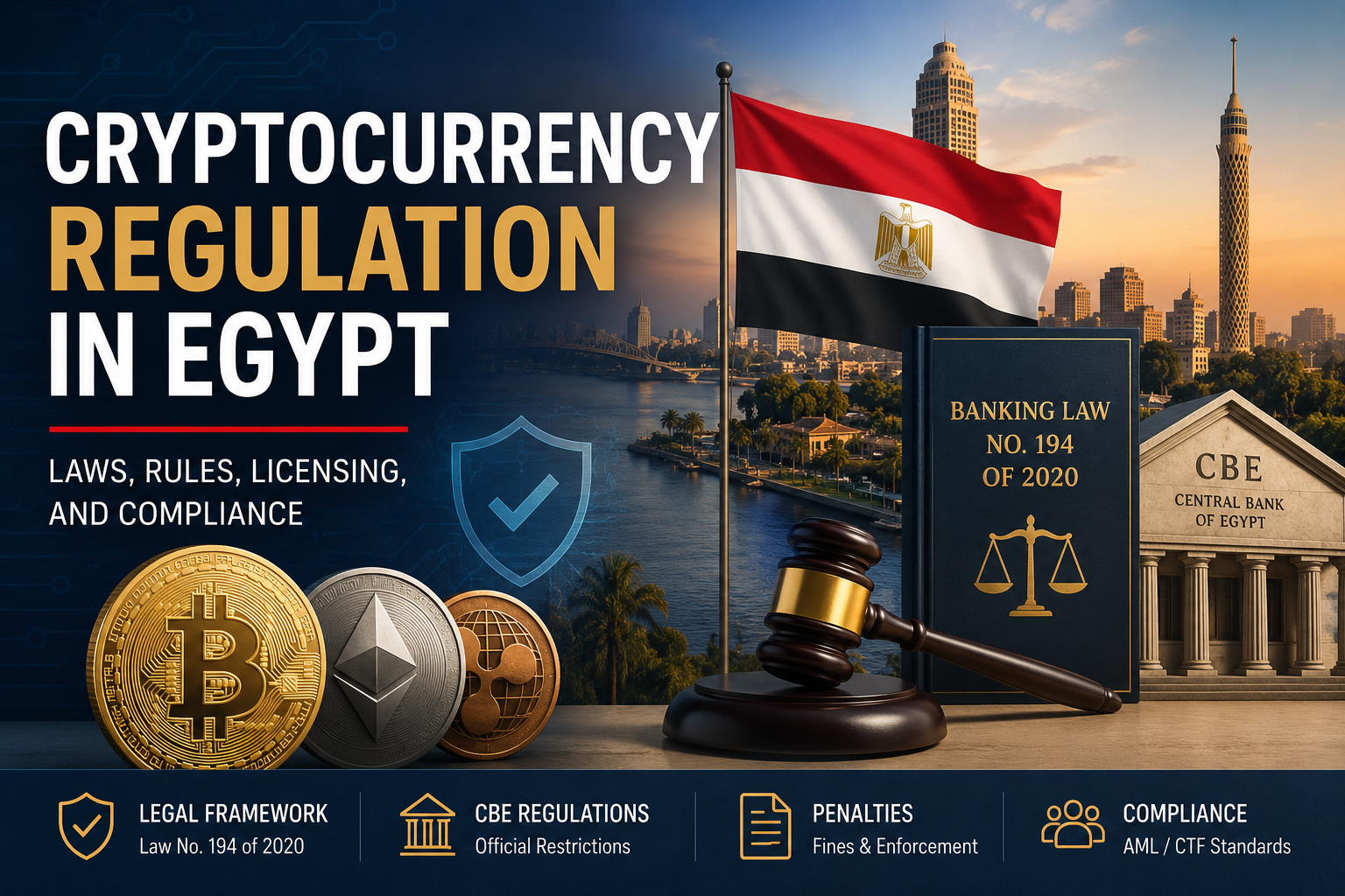 Egypt cryptocurrency regulation illustration showing the Egyptian flag, Cairo skyline, Central Bank of Egypt, Banking Law No. 194 of 2020, legal gavel, Bitcoin, Ethereum and compliance symbols.
