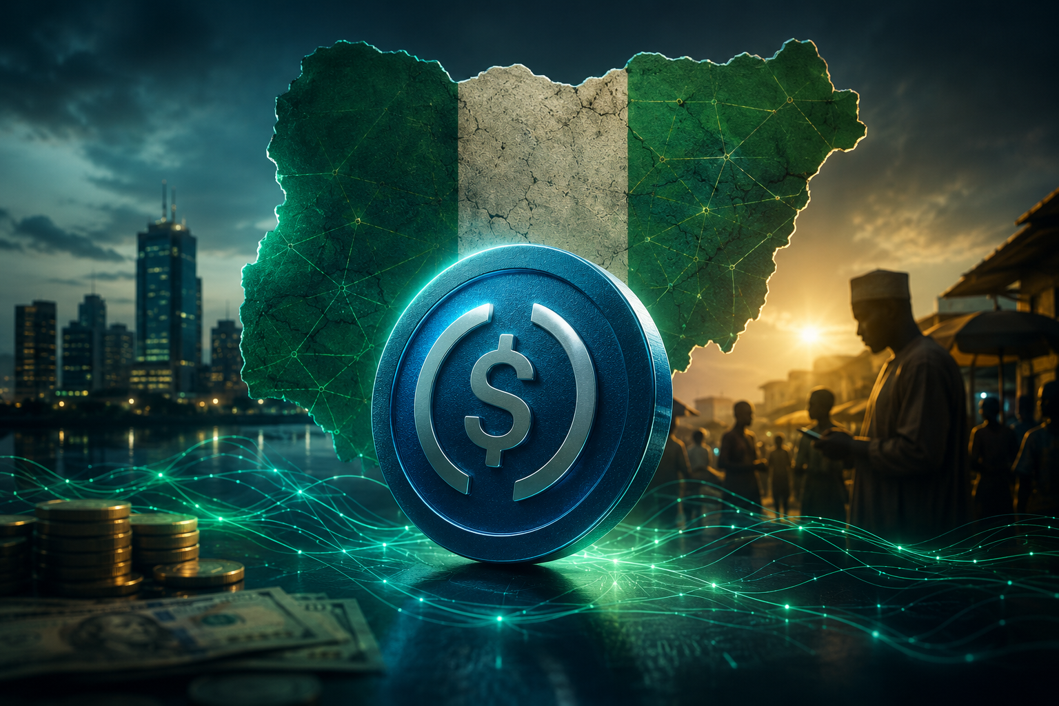 Nigeria stablecoin shadow currency concept with digital dollar coin, Nigerian map and connected financial networks