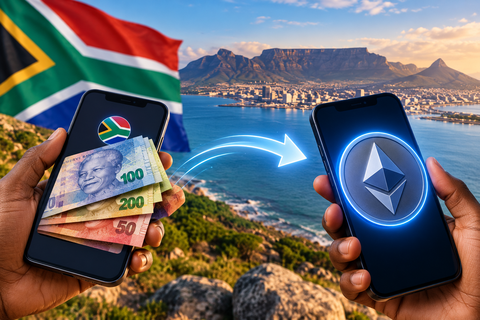 Featured image showing how to buy Ethereum in South Africa with rand, featuring a South African flag, ZAR banknotes, an Ethereum coin, a smartphone displaying an ETH purchase, and visual references to ERC-20 tokens and Layer 2 networks.