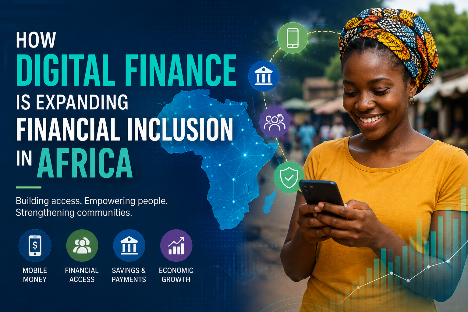 African woman using a smartphone for digital financial services, illustrating mobile money and financial inclusion across Africa