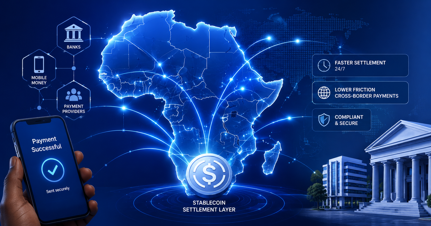 Stablecoin settlement network connecting African banks, mobile money, and cross-border payment providers