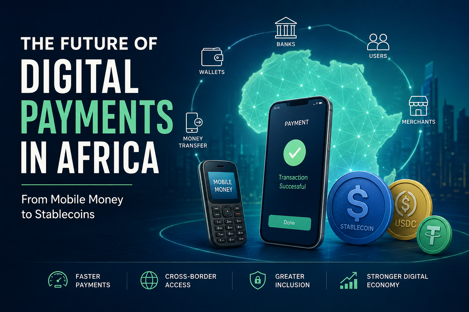 Digital payment ecosystem in Africa connecting mobile money, banks, digital wallets, and stablecoins