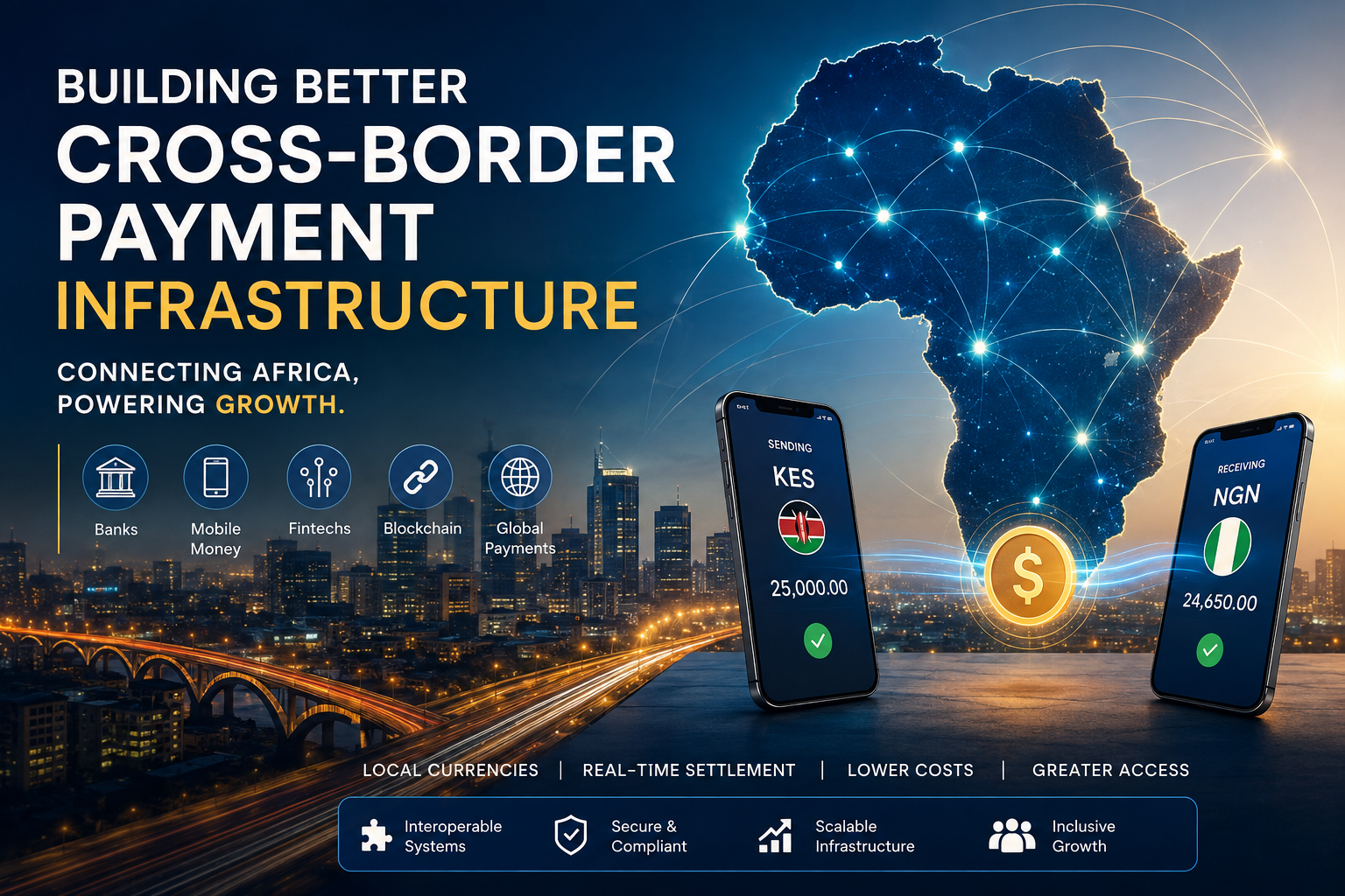 Cross-border payment infrastructure connecting African banks, mobile money, fintechs, blockchain networks, and local currencies