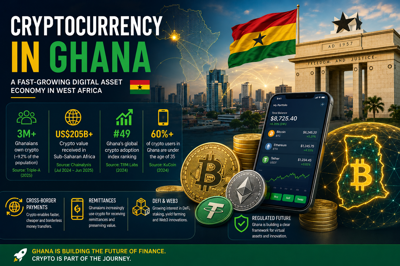 Cryptocurrency in Ghana illustration showing Bitcoin, stablecoins, blockchain technology and Ghana's growing digital asset economy