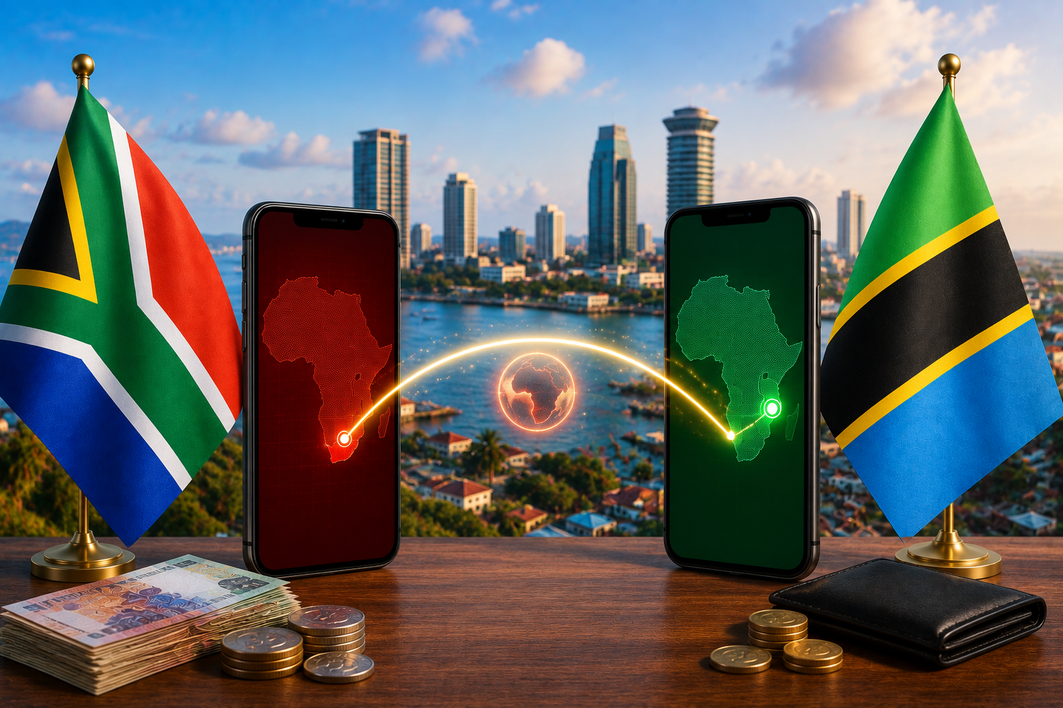 South Africa to Airtel Money Tanzania featured image showing the South African and Tanzanian flags, smartphones connected by a digital transfer route, Tanzanian skyline, cash and cross-border mobile-money concept.