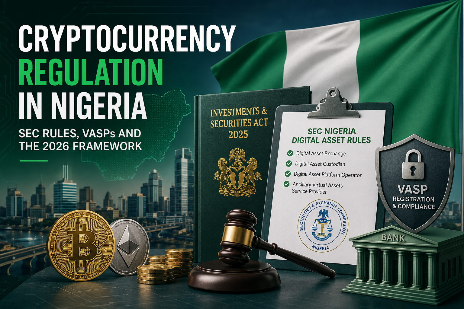 Cryptocurrency regulation in Nigeria illustration featuring SEC digital asset rules, VASP registration and compliance, banking, cryptocurrency and financial regulation.