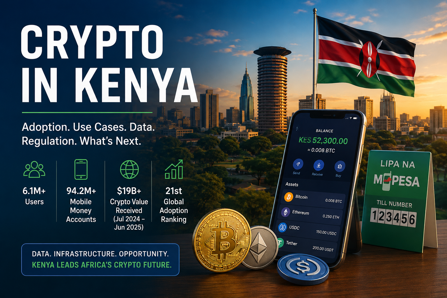 Crypto in Kenya: Nairobi skyline, Kenyan flag, cryptocurrency wallet, mobile money and key 2026 crypto market statistics