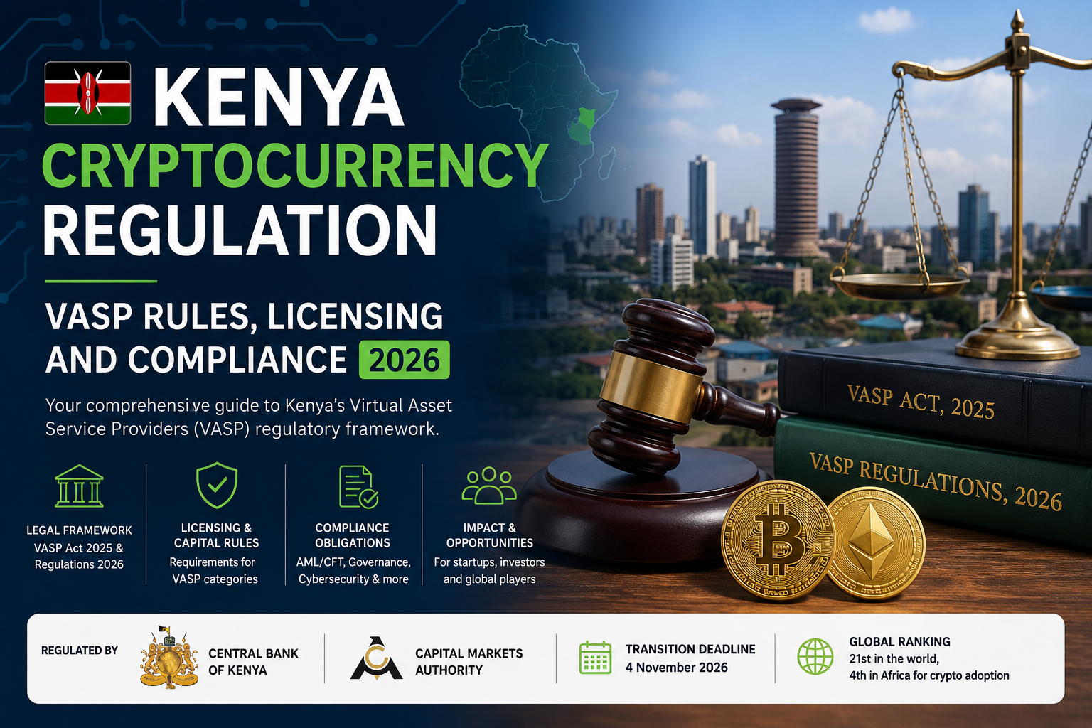 Kenya cryptocurrency regulation 2026 featuring VASP rules, licensing, capital requirements, compliance and the November 4 transition deadline.
