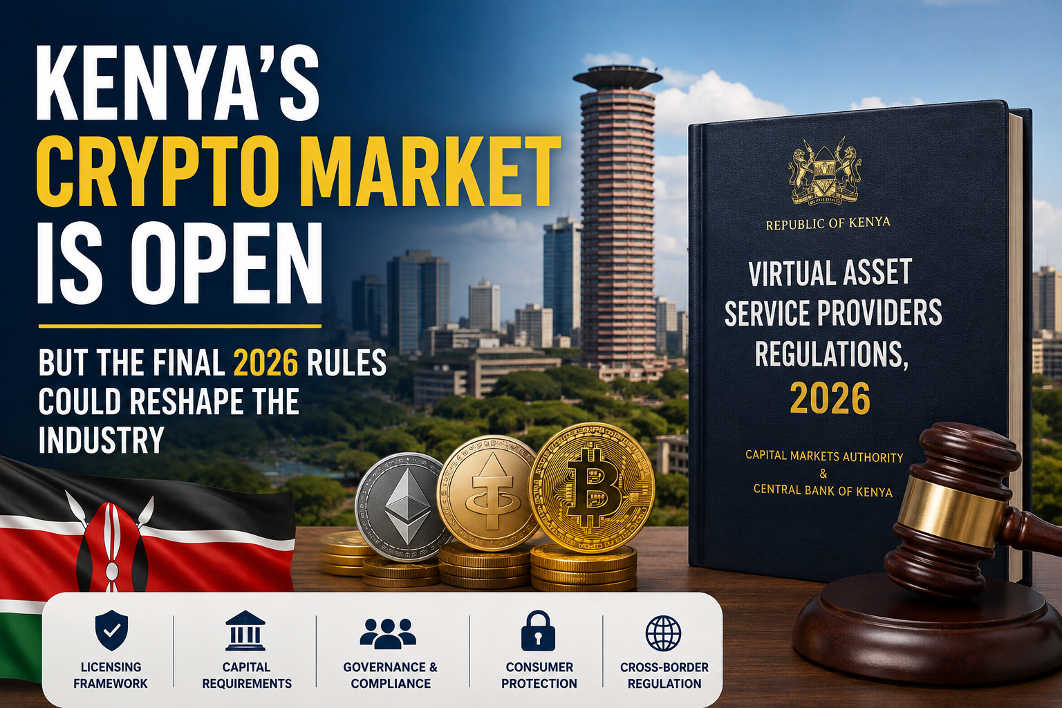 Kenya's crypto market and final 2026 VASP regulations, featuring Nairobi's skyline, the Kenyan flag, cryptocurrency assets, and regulatory symbols.