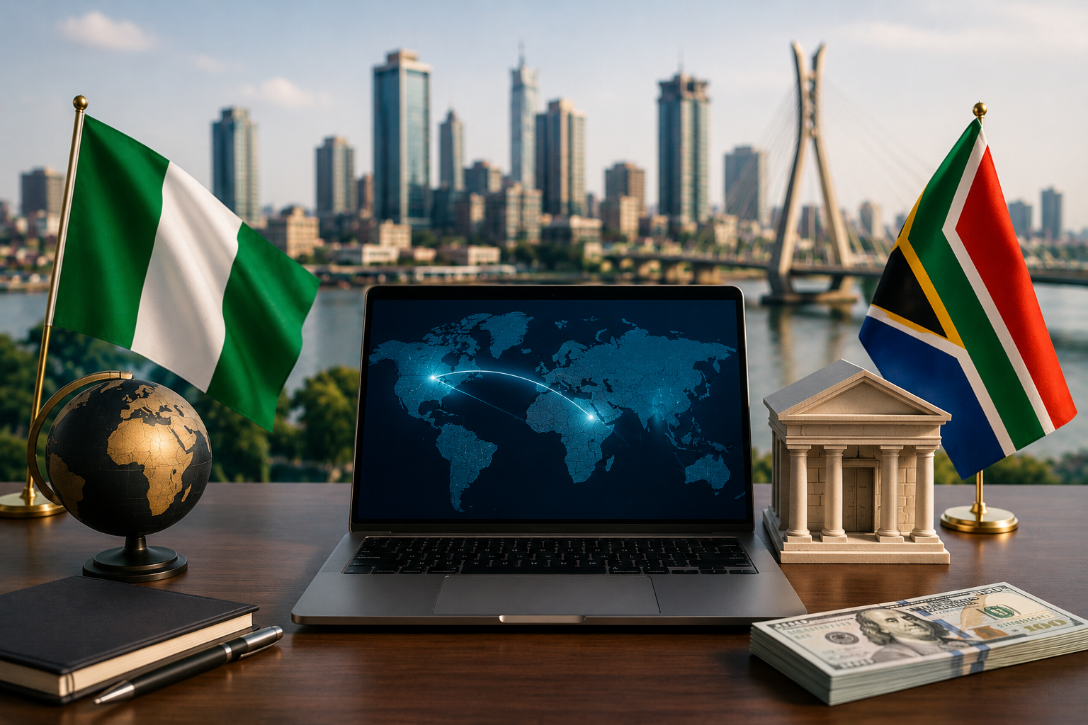 South Africa to Nigeria domiciliary account featured image showing both national flags, international banking, foreign-currency transfer, Nigerian bank account and cross-border money movement.