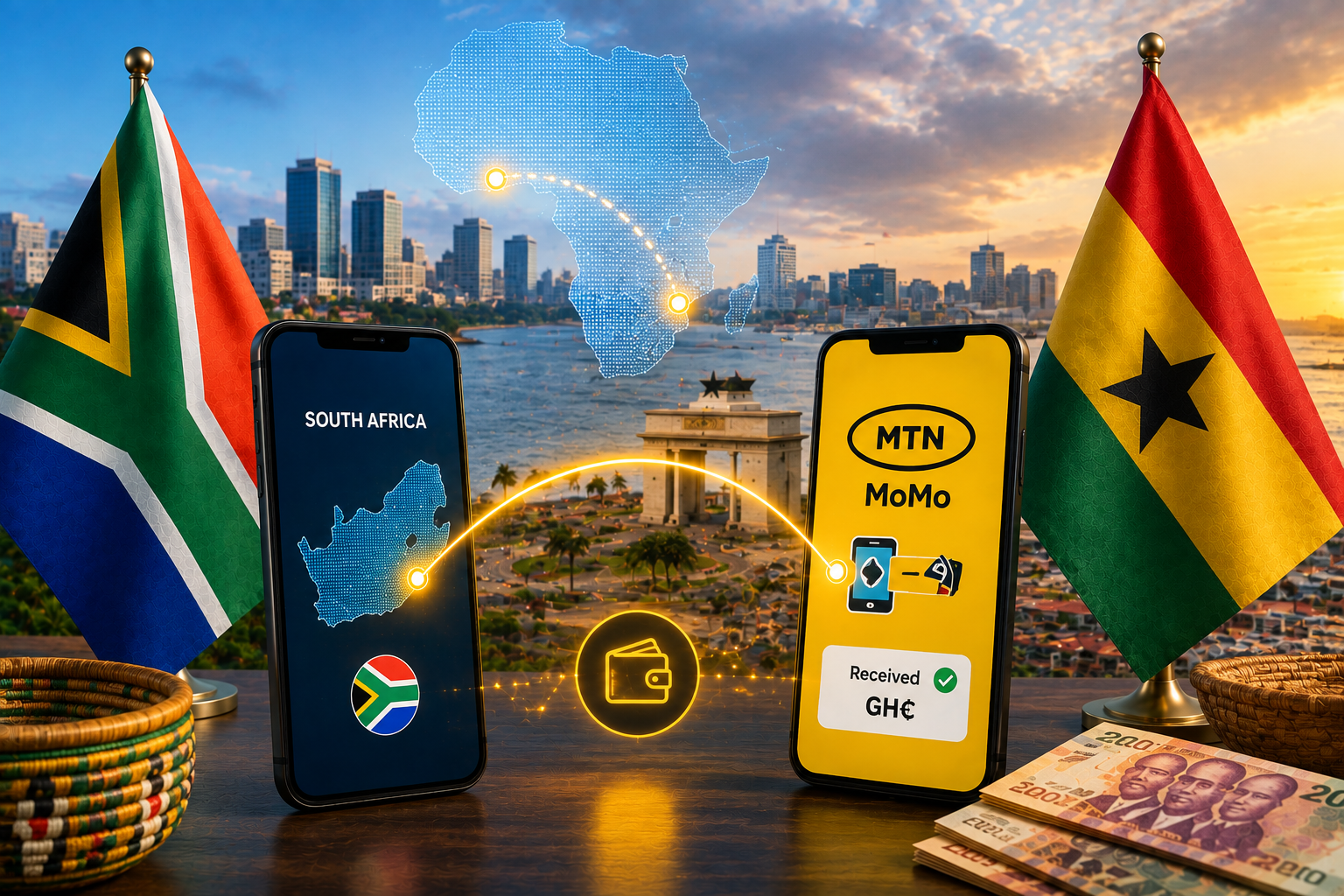 South Africa to MTN MoMo Ghana featured image showing South African and Ghanaian flags, smartphones connected by a digital money-transfer route, MTN mobile-wallet interface, Ghanaian cedi and African cityscape.