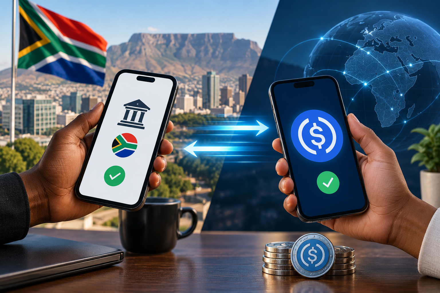South African digital payment concept showing a smartphone banking transfer on one side and stablecoin blockchain settlement on the other, representing PayShap versus stablecoins in South Africa.