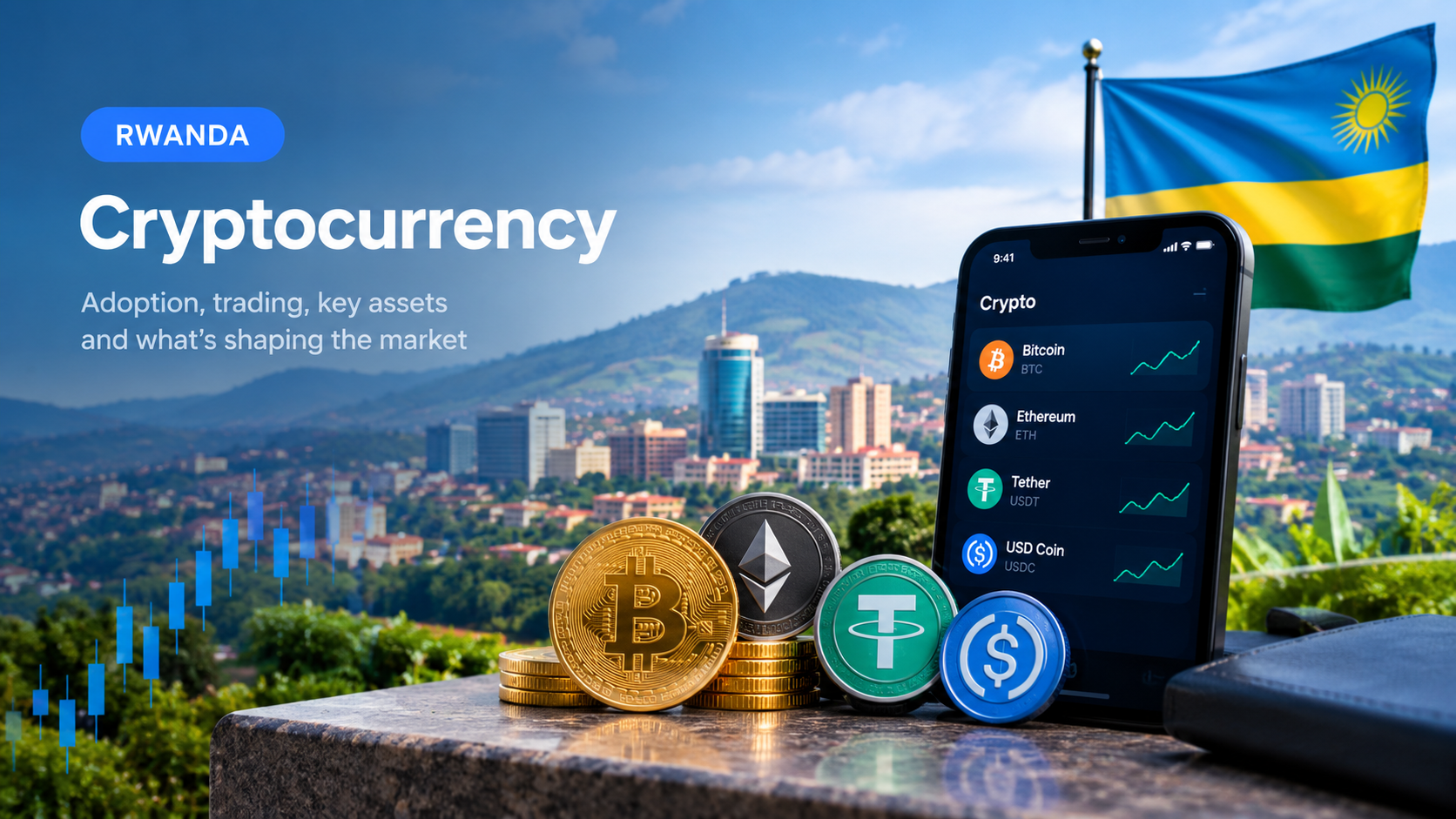 Rwanda cryptocurrency featured image showing Kigali, the Rwandan flag, Bitcoin, Ethereum, USDT, USDC, and a crypto trading smartphone.