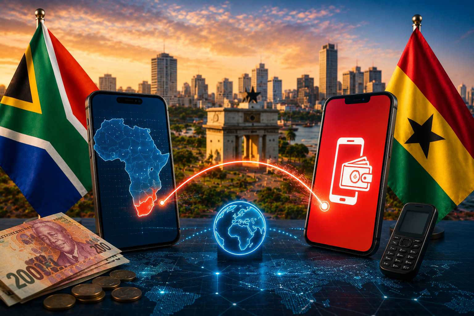 South Africa to AirtelTigo AT Money Ghana featured image showing South African and Ghanaian flags, smartphones connected by a digital money-transfer route, mobile-wallet interface, Ghanaian currency and an African cityscape.