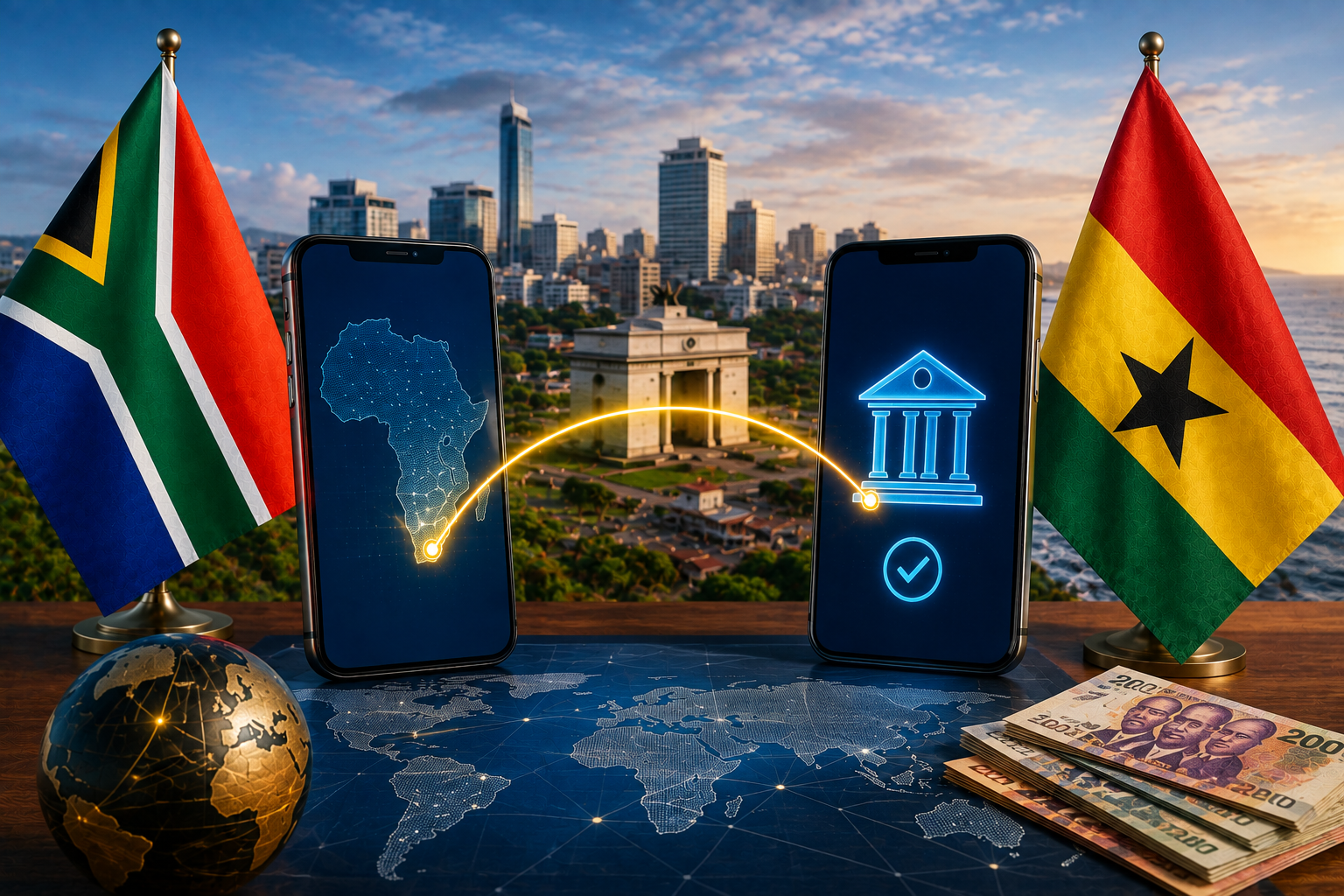 South Africa to Ghana bank account money transfer featured image showing South African and Ghanaian flags, smartphones connected by a digital transfer route, a bank symbol, Ghanaian currency and an African city skyline.