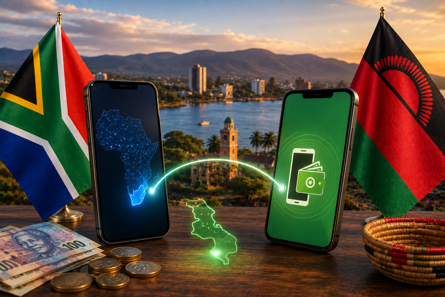 South Africa to TNM Mpamba Malawi featured image showing South African and Malawian flags, smartphones connected by a digital money-transfer route, mobile-wallet interface, Malawi landscape and cross-border mobile-payment concept.
