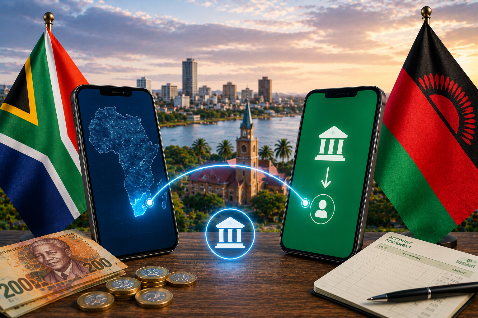 South Africa to Malawi bank transfer featured image showing South African and Malawian flags, smartphones connected by a digital banking transfer route, bank icons, Malawi landscape and South African rand.