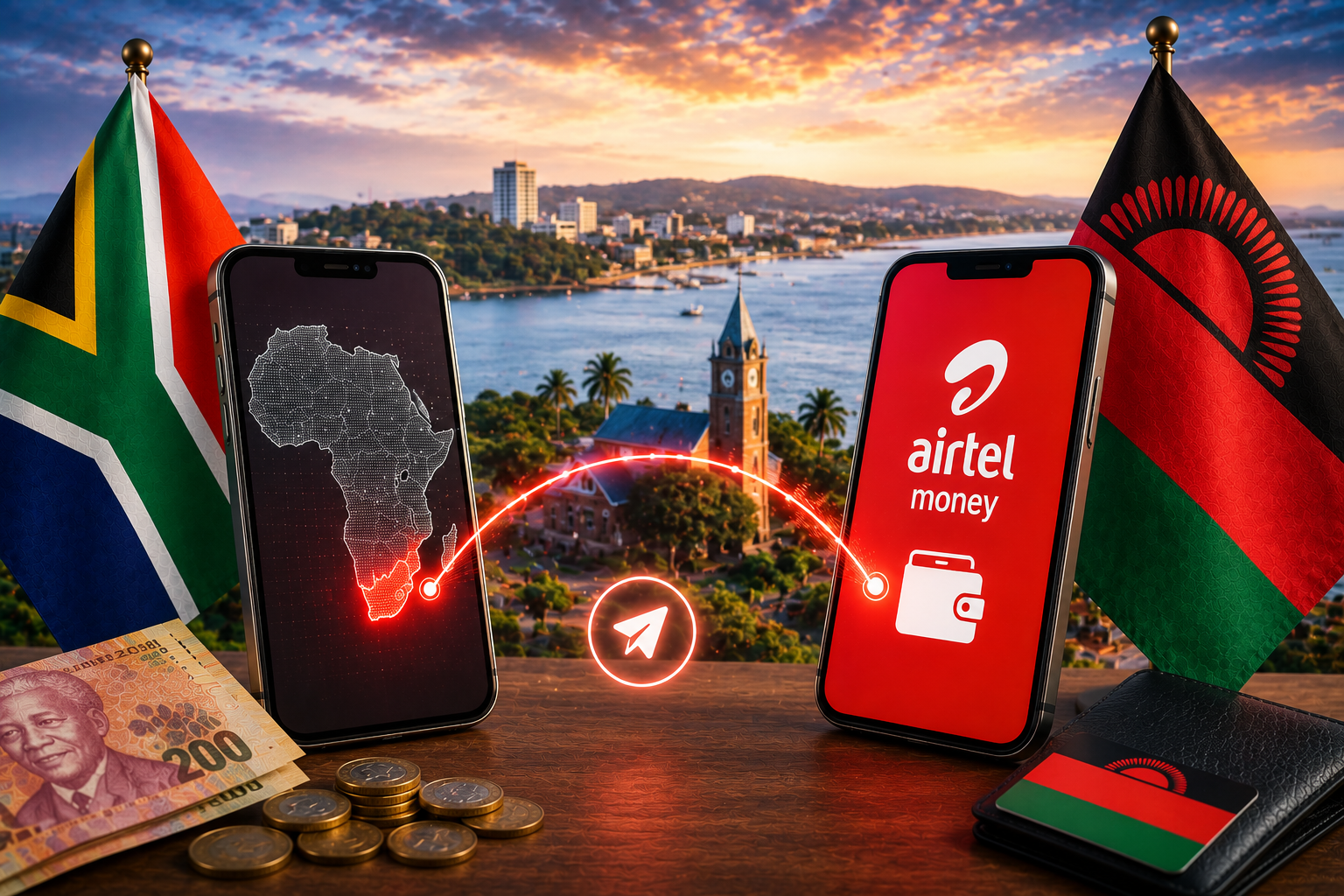 South Africa to Airtel Money Malawi featured image showing the South African and Malawian flags, smartphones connected by a digital money-transfer route, Airtel Money wallet interface, Malawi landscape and cross-border mobile-payment concept.