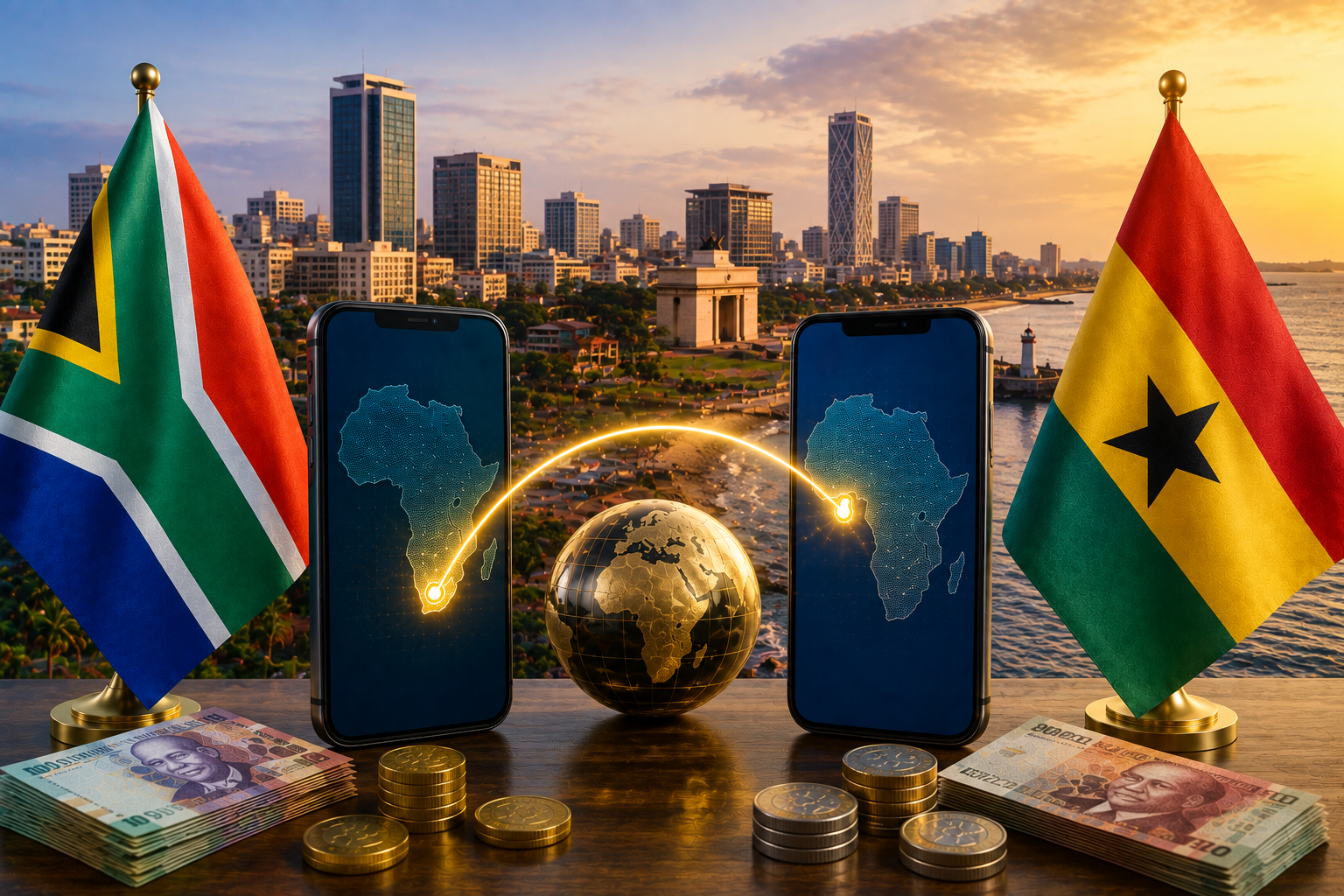 South Africa to Ghana money transfer featured image showing the South African and Ghanaian flags, smartphones connected by a glowing digital transfer route, African skyline, Ghanaian currency and cross-border payment concept.