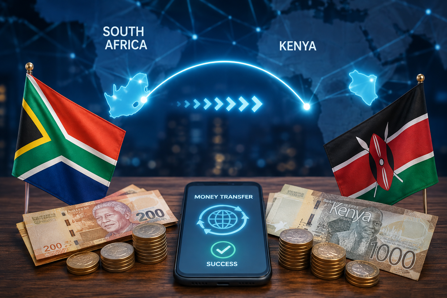 South Africa to Kenya money transfer with South African and Kenyan flags, currencies, smartphone payment and digital transfer connection