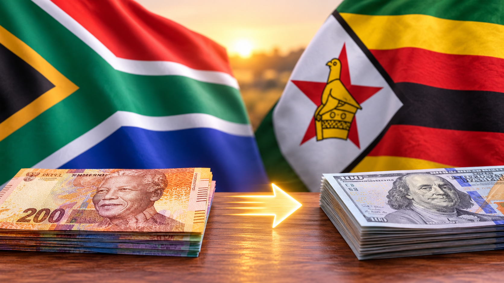 South African rand and Zimbabwean currency representing cross-border money transfers from South Africa to Zimbabwe
