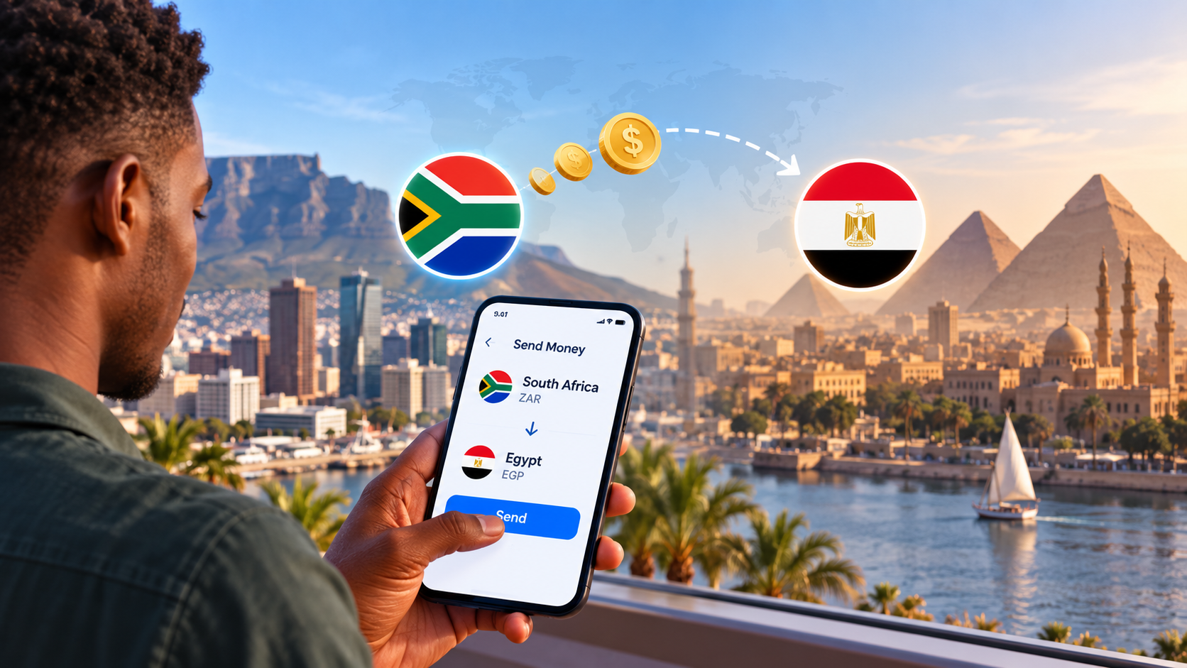 Sending money from South Africa to Egypt, showing a ZAR-to-EGP transfer from a South African bank account to an Egyptian recipient.