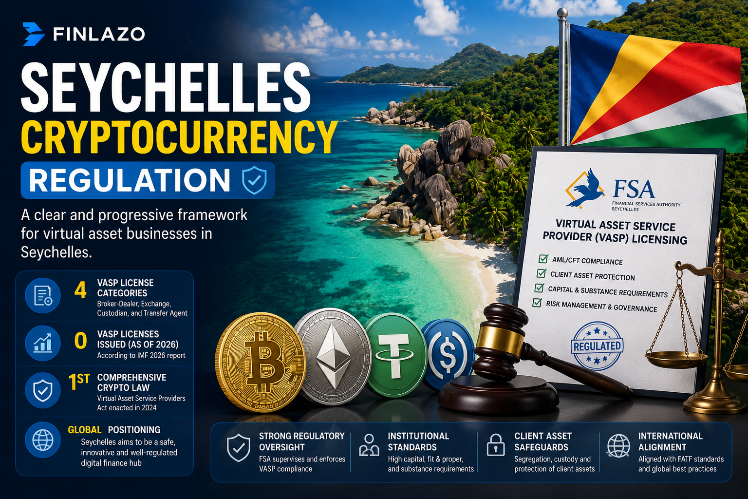 Seychelles cryptocurrency regulation featured image showing the Seychelles flag, Financial Services Authority, VASP licensing, legal compliance, client-asset protection, Bitcoin, Ethereum and stablecoin symbols.