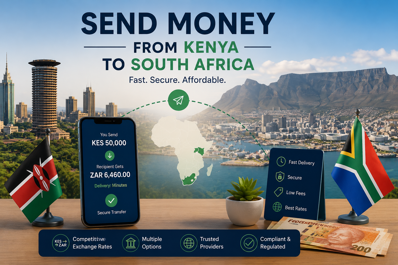 Send money from Kenya to South Africa, showing Nairobi and Cape Town, Kenyan and South African flags, a KES to ZAR transfer and digital payment options