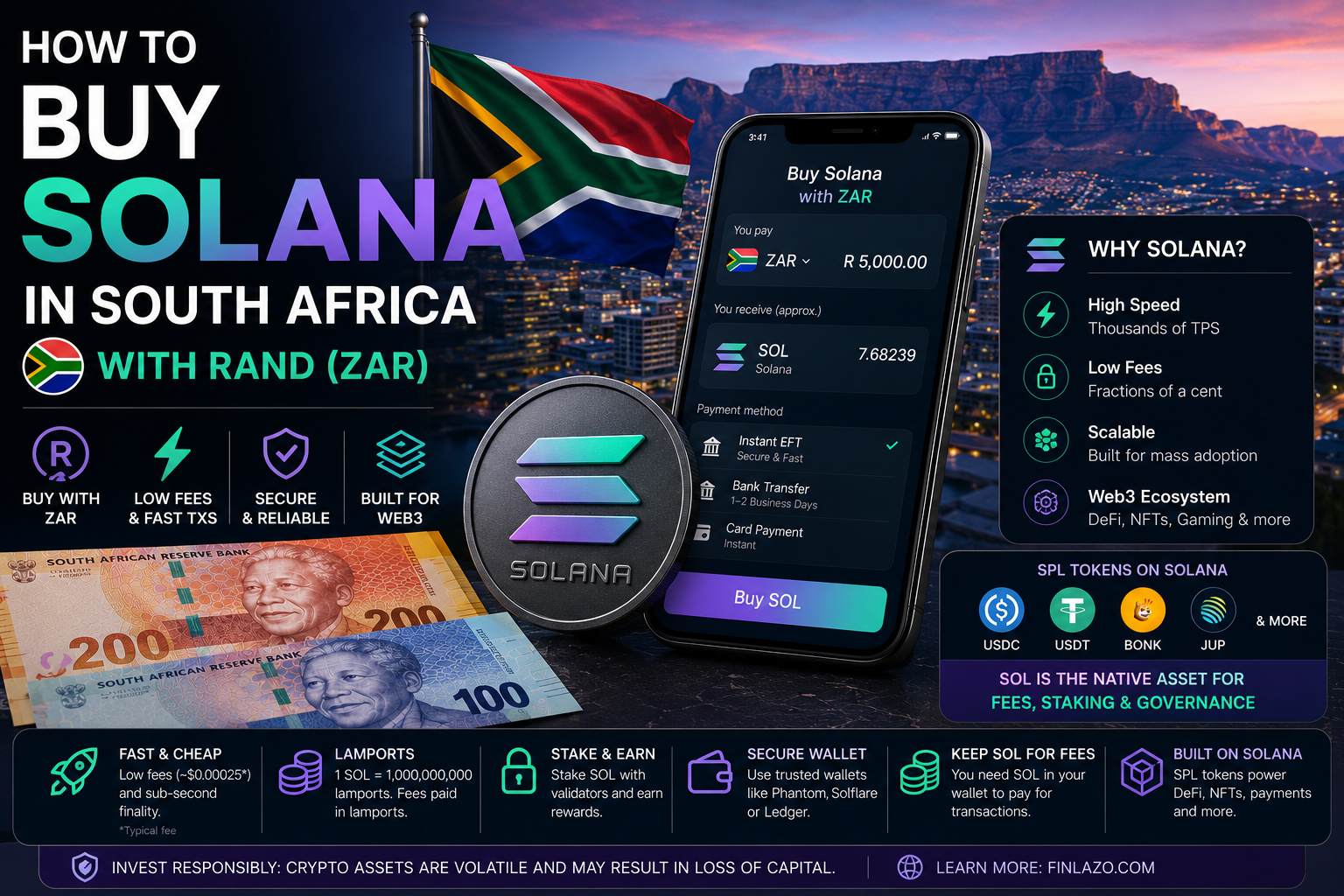 Illustration accompanying a guide to buying Solana with South African rand.