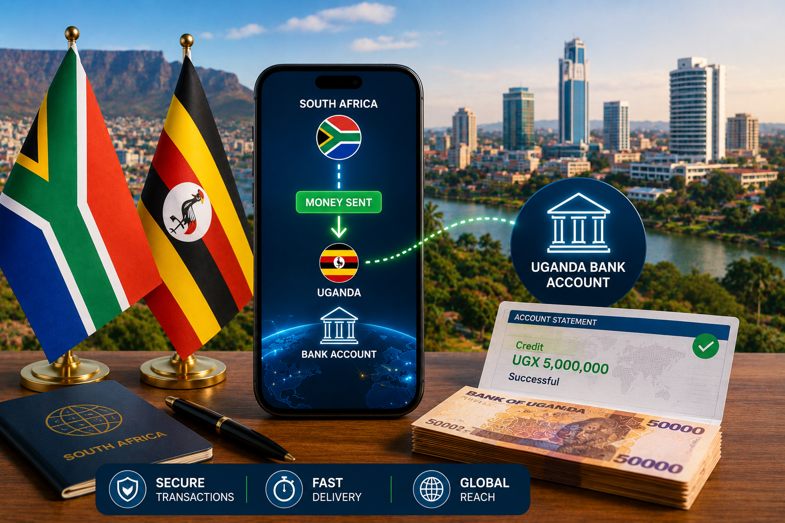 South Africa to Uganda bank transfer featured image showing the South African and Ugandan flags, smartphone money transfer, Ugandan bank account, Kampala skyline and cross-border payment concept.